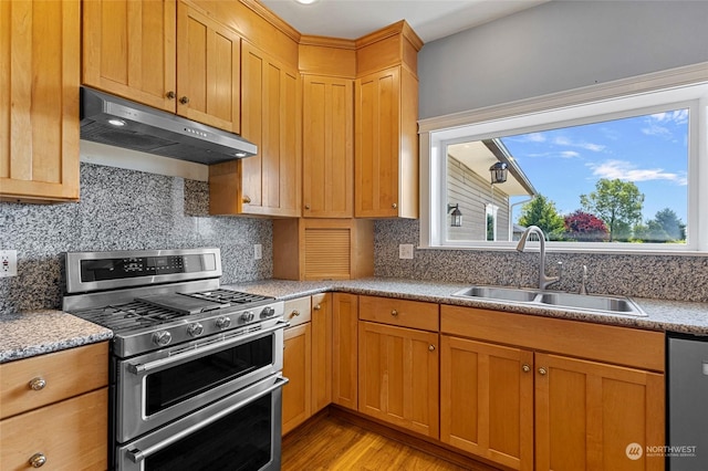 6340 Chuckanut Dr, Bow, WA 98232 - kitchen featuring dishwashing machine, tasteful backsplash, double oven range, under cabinet range hood, and a sink