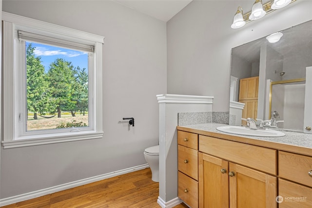 bathroom with vanity, toilet, wood-type flooring, and plenty of natural light