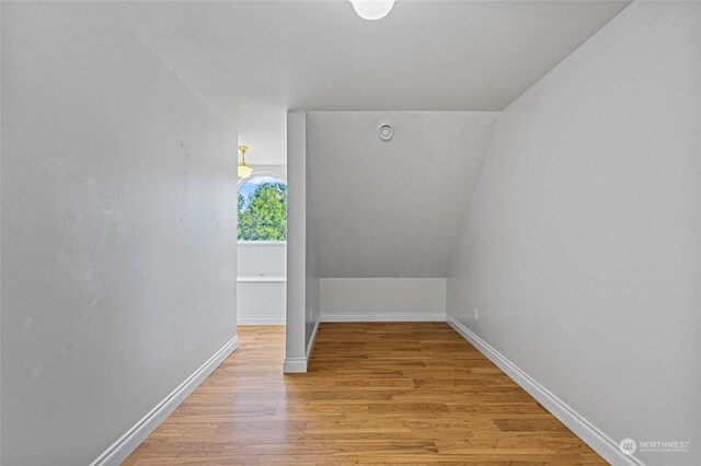 interior space with light hardwood / wood-style floors and vaulted ceiling