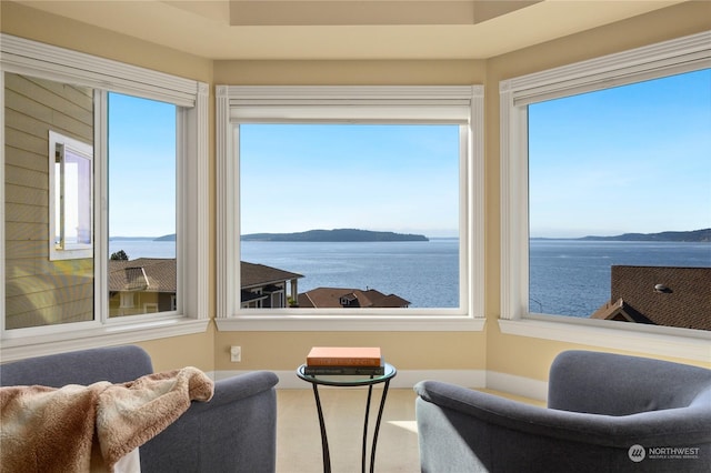 sunroom with a healthy amount of sunlight and a water view