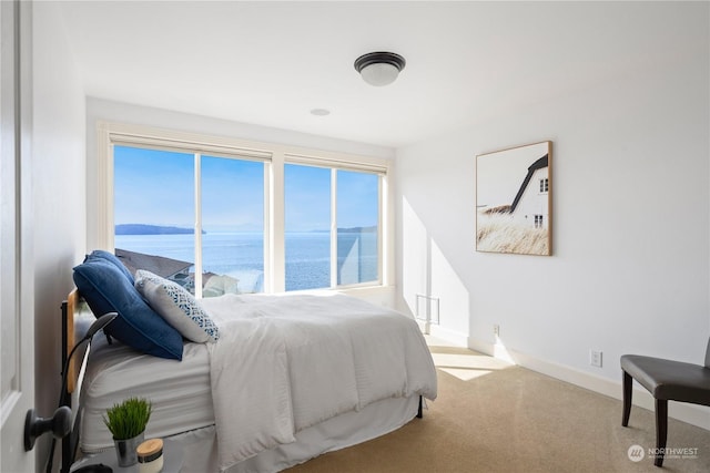 bedroom featuring a water view and light colored carpet