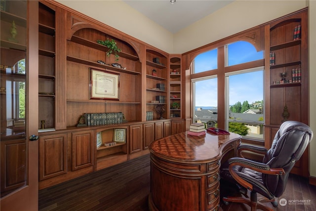 office with dark hardwood / wood-style flooring