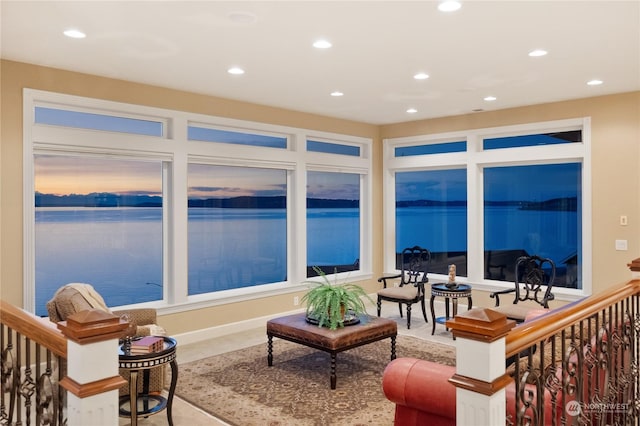 interior space featuring a water view