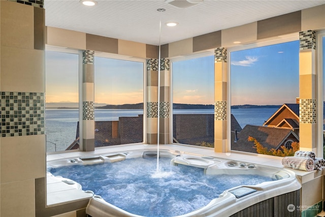 dining area with a water view