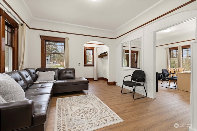 living room with crown molding and light hardwood / wood-style floors