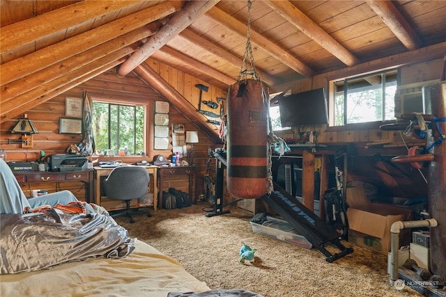 interior space featuring vaulted ceiling with beams, a wealth of natural light, and wooden ceiling