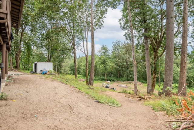 view of yard featuring a storage unit