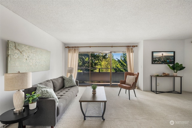 carpeted living room featuring a textured ceiling