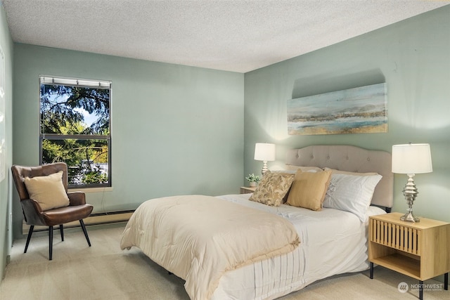 carpeted bedroom with a textured ceiling