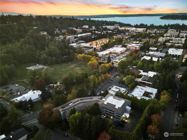 aerial view at dusk featuring a water view