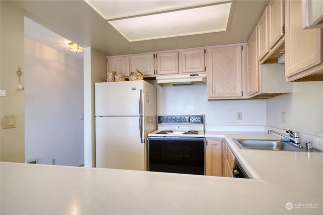 kitchen featuring light countertops, electric range, freestanding refrigerator, a sink, and under cabinet range hood