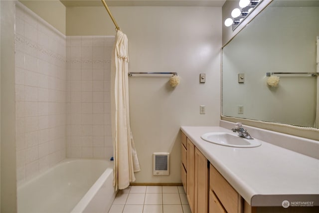 bathroom with vanity, visible vents, shower / bath combination with curtain, and tile patterned floors