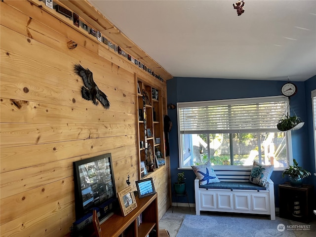 interior space featuring wooden walls and vaulted ceiling