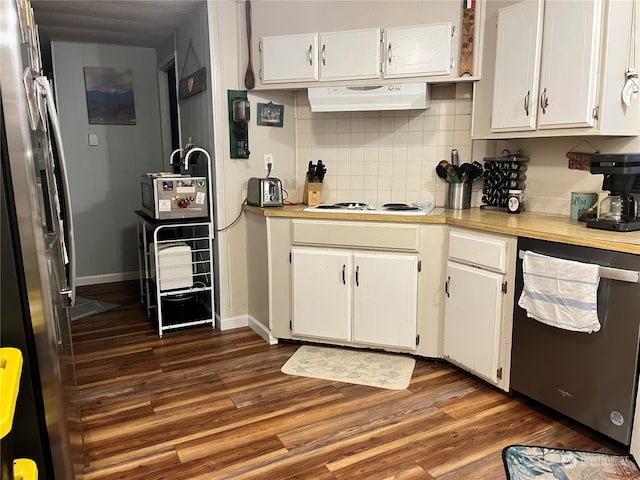 kitchen with stainless steel dishwasher, dark hardwood / wood-style floors, white cabinets, and backsplash