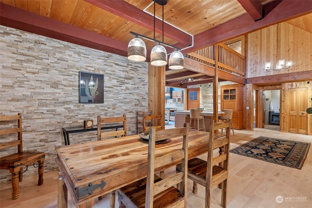 dining area featuring light hardwood / wood-style flooring, wooden ceiling, beamed ceiling, and wood walls