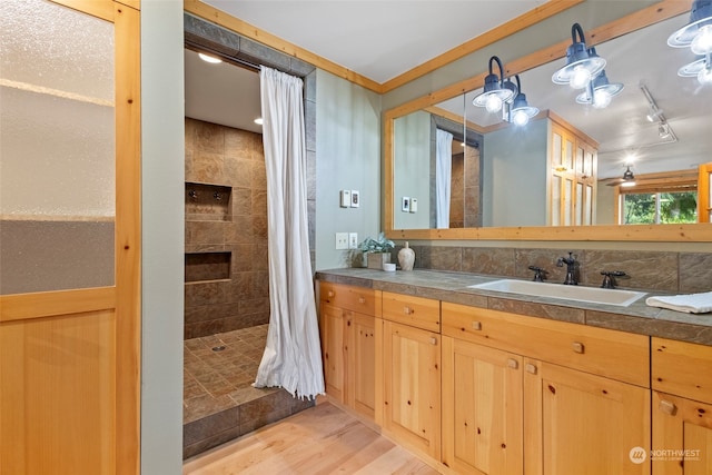 bathroom featuring a fireplace, rail lighting, hardwood / wood-style flooring, vanity, and a shower with shower curtain