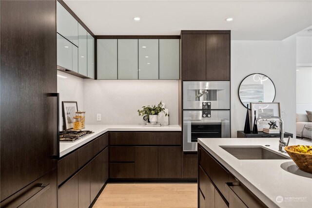 kitchen featuring sink, light wood-type flooring, dark brown cabinets, and stainless steel appliances