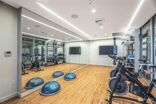 exercise room with light hardwood / wood-style floors