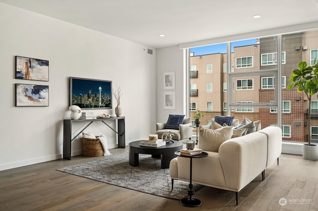 living area with expansive windows and wood-type flooring