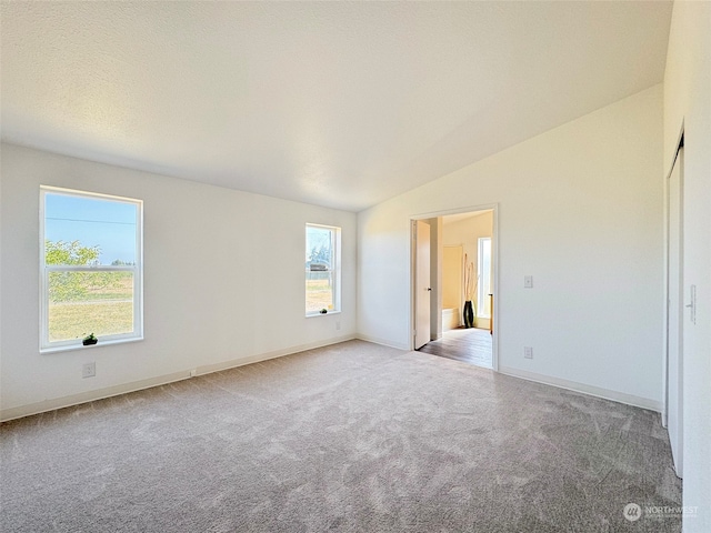 carpeted spare room featuring a wealth of natural light and vaulted ceiling