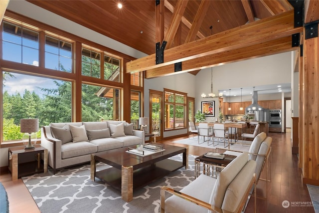 living area featuring wooden ceiling, hardwood / wood-style flooring, high vaulted ceiling, and beamed ceiling