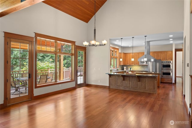 kitchen featuring tasteful backsplash, dark wood finished floors, an inviting chandelier, island exhaust hood, and double oven