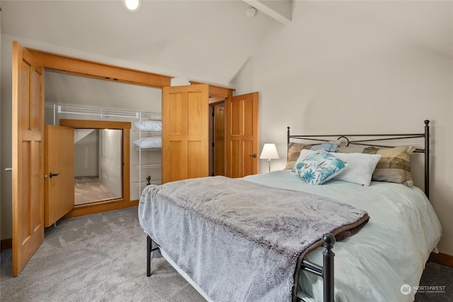 carpeted bedroom featuring high vaulted ceiling and beam ceiling