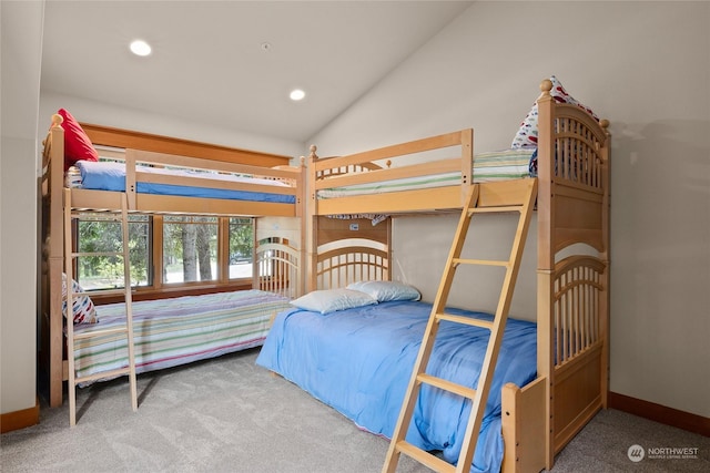 carpeted bedroom featuring vaulted ceiling, baseboards, and recessed lighting