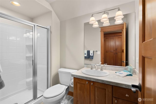 bathroom featuring toilet, a stall shower, and vanity