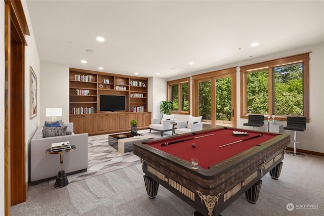 game room featuring baseboards, pool table, recessed lighting, and light colored carpet