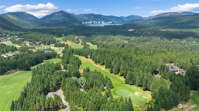 aerial view featuring a forest view and a mountain view