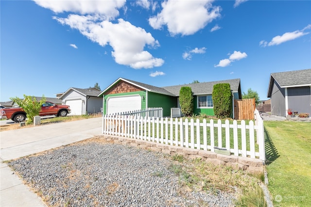 single story home with a garage and a front yard