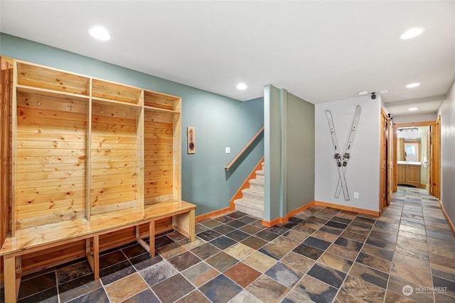 mudroom featuring a barn door