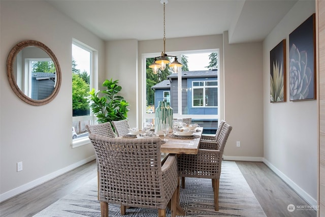 dining area featuring an inviting chandelier and light hardwood / wood-style flooring