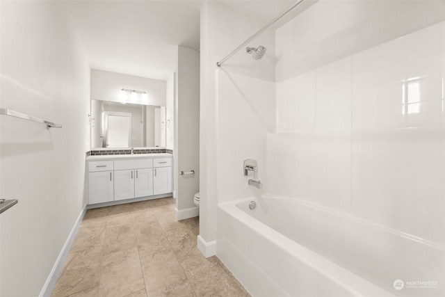 full bathroom with toilet, vanity, and bathtub / shower combination