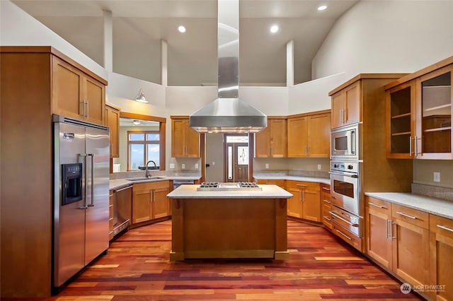 kitchen with hardwood / wood-style floors, ventilation hood, sink, a center island, and stainless steel appliances