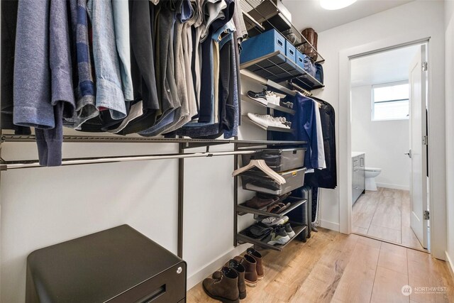 walk in closet with light hardwood / wood-style floors