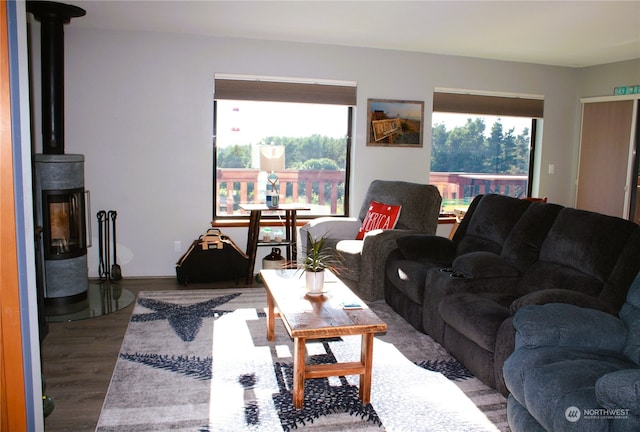 living room featuring a wood stove and wood-type flooring