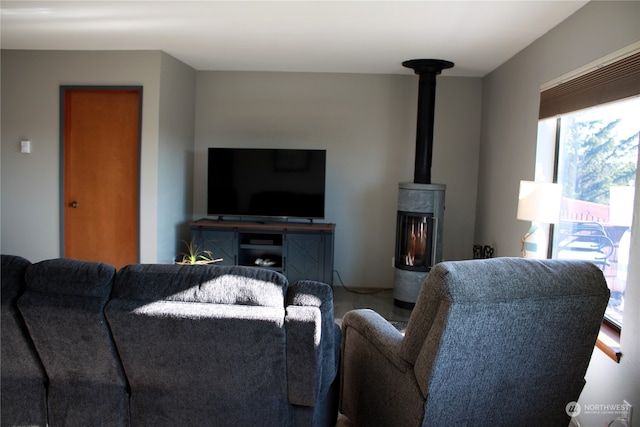 living room with a wood stove