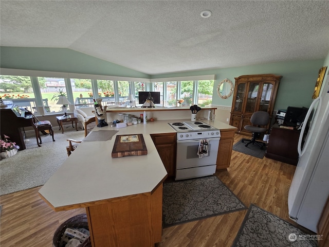 kitchen featuring light hardwood / wood-style flooring, a wealth of natural light, white appliances, and lofted ceiling