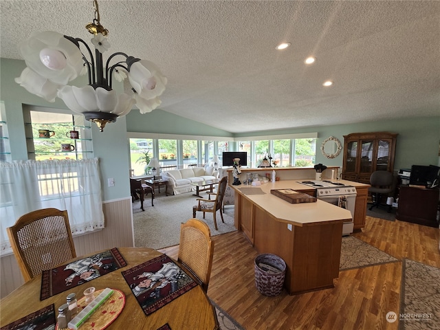 kitchen featuring a textured ceiling, wood-type flooring, lofted ceiling, and a wealth of natural light