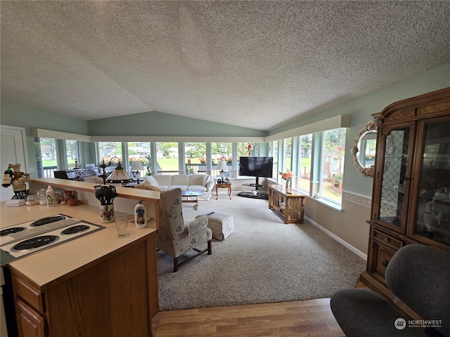 living room featuring a textured ceiling, light hardwood / wood-style floors, vaulted ceiling, and a wealth of natural light