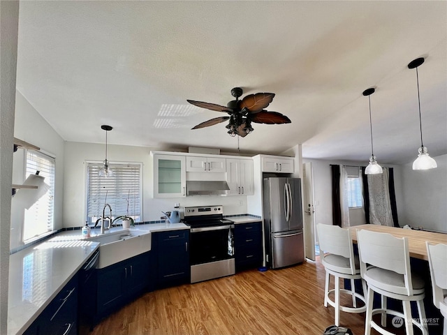 kitchen featuring light wood finished floors, stainless steel appliances, a sink, and light countertops