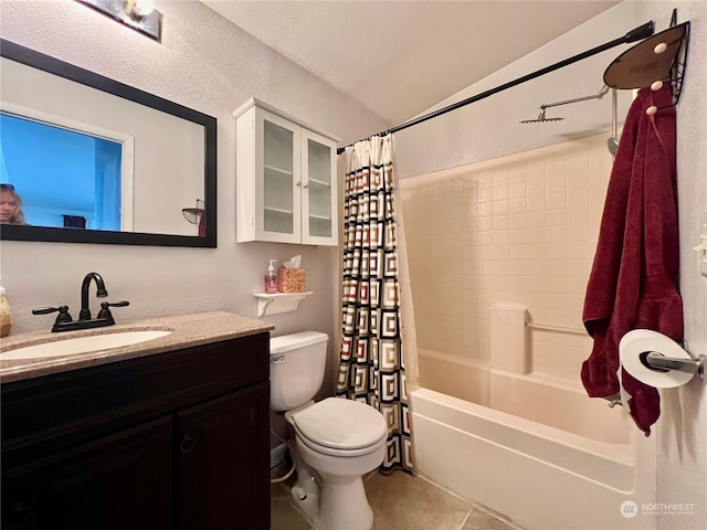 full bathroom with tile patterned floors, vanity, shower / bathtub combination with curtain, and toilet