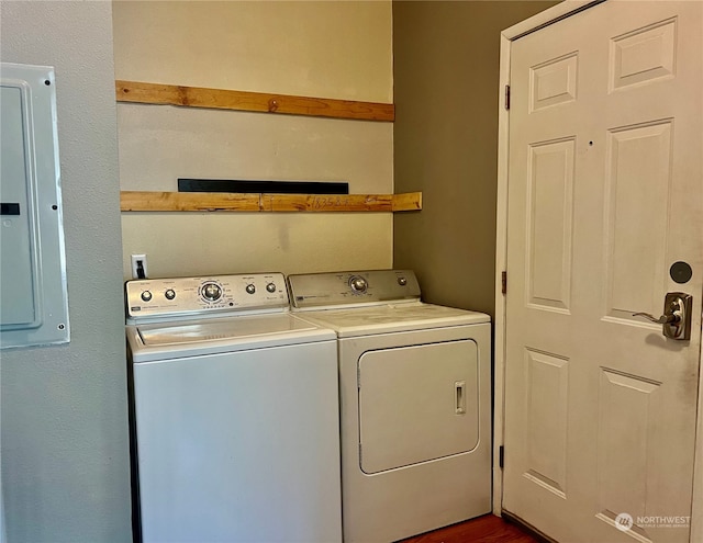 laundry area with washing machine and dryer and dark hardwood / wood-style floors