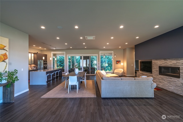 living room featuring a fireplace and dark wood-type flooring