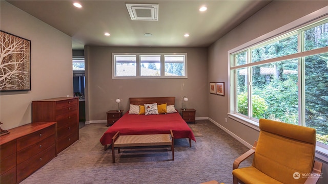 carpeted bedroom featuring multiple windows