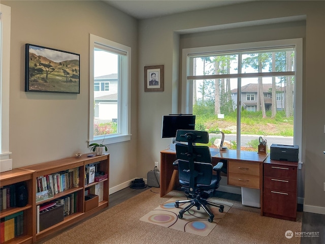 home office with dark hardwood / wood-style floors