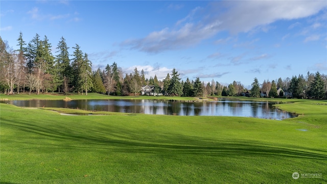 view of home's community with a water view and a lawn