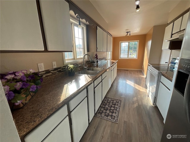 kitchen featuring sink, dark wood-type flooring, white range with electric stovetop, and a wealth of natural light